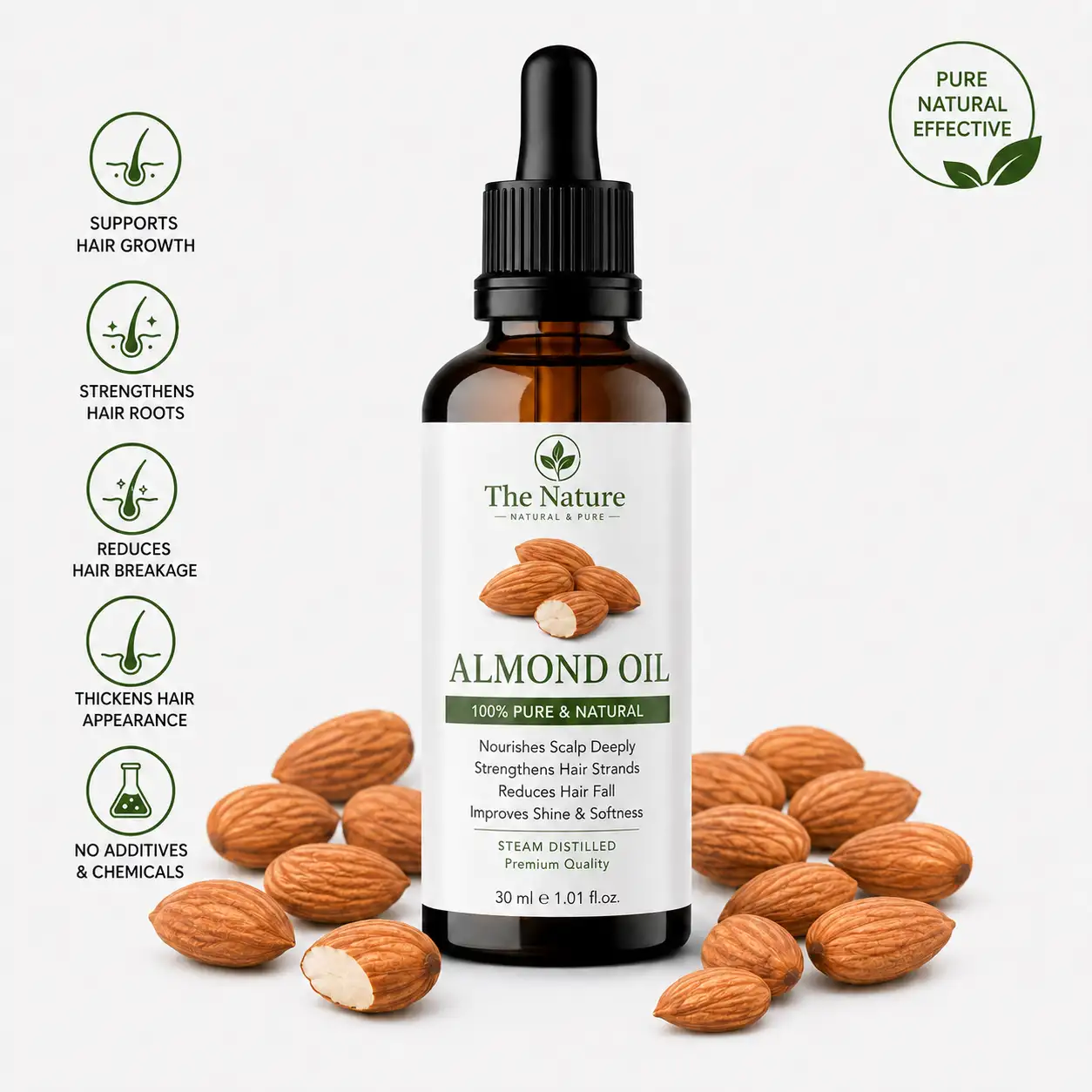 A 30 ml amber glass bottle of almond oil
