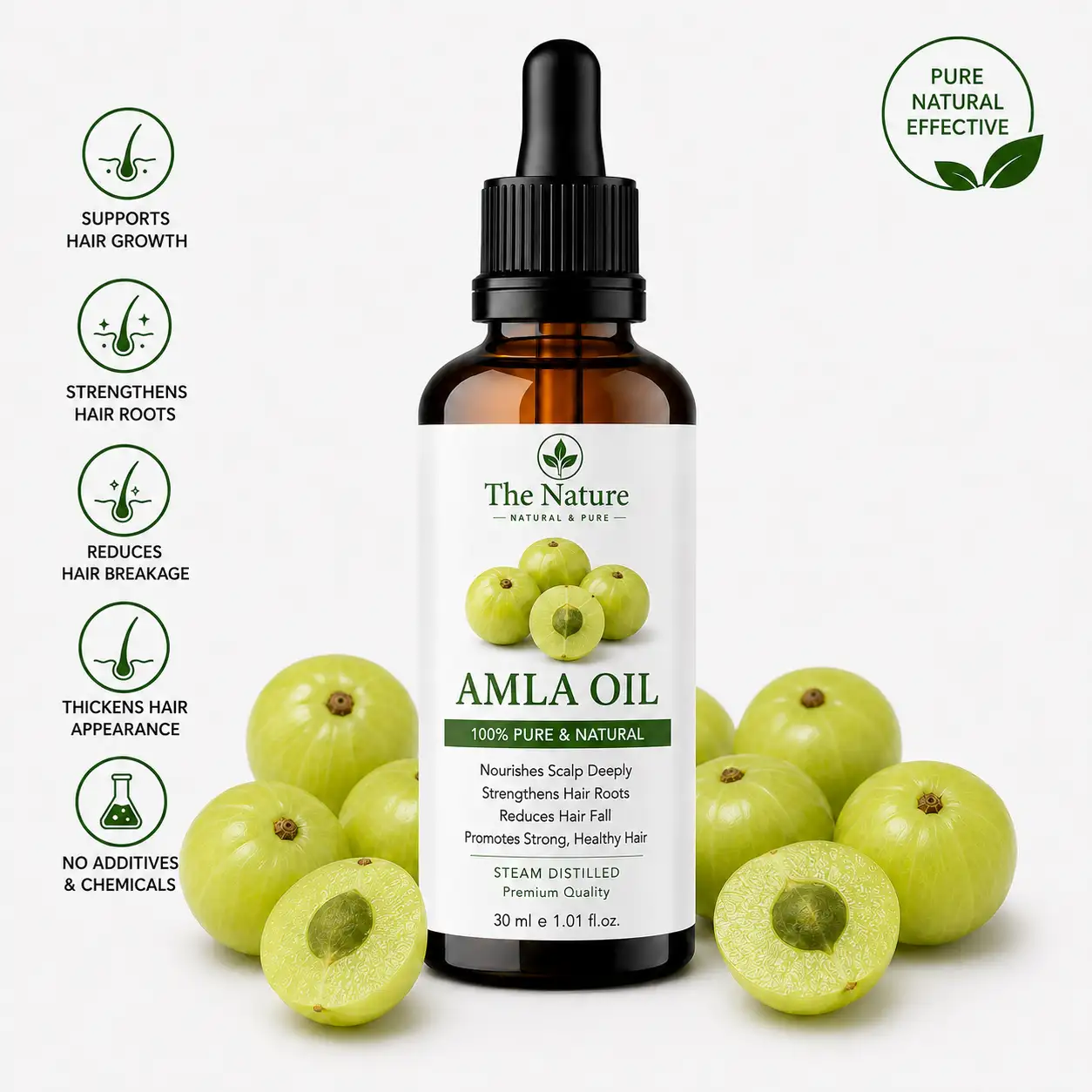 A 30 ml amber glass bottle of amla oil