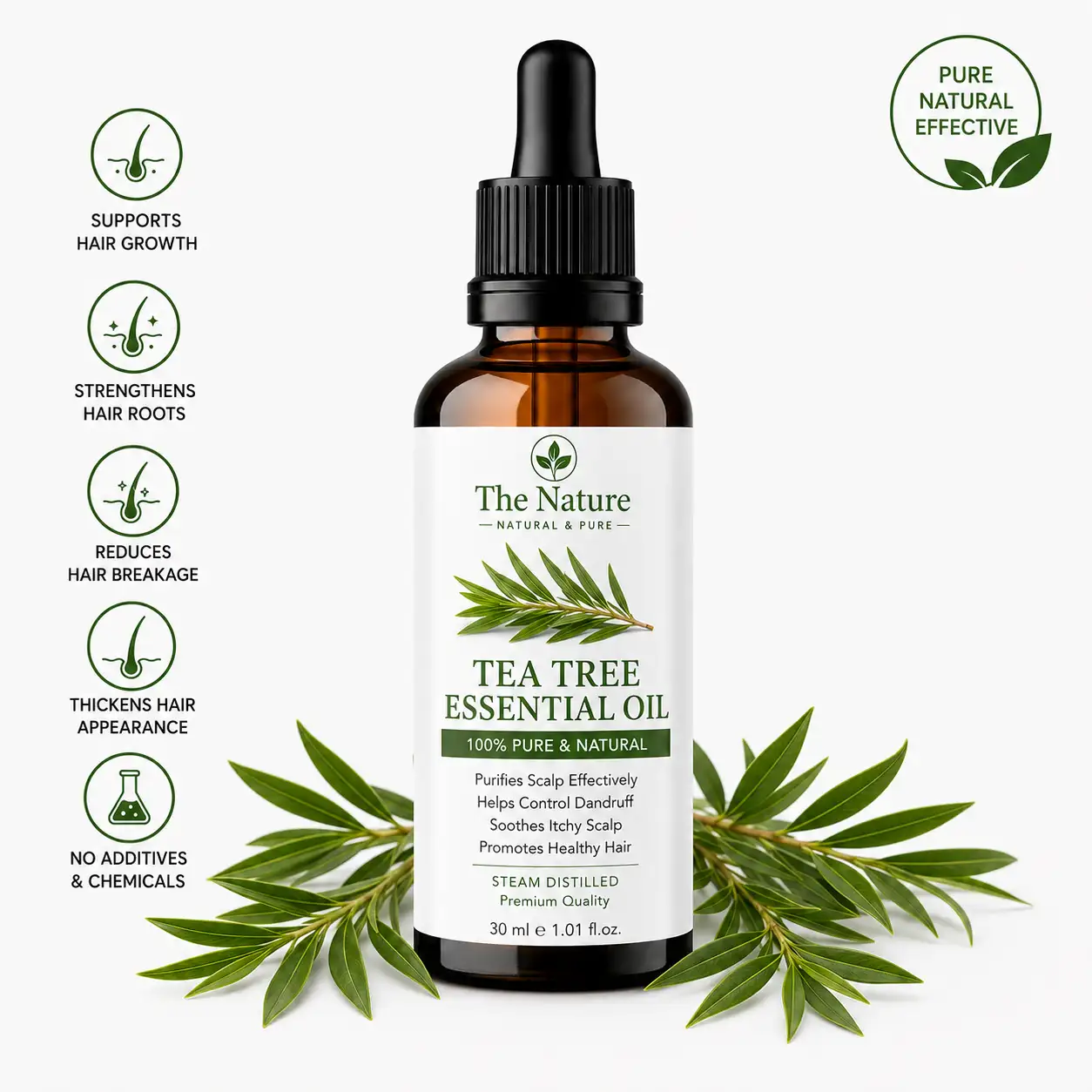 A 30 ml amber glass bottle of tea tree essential oil