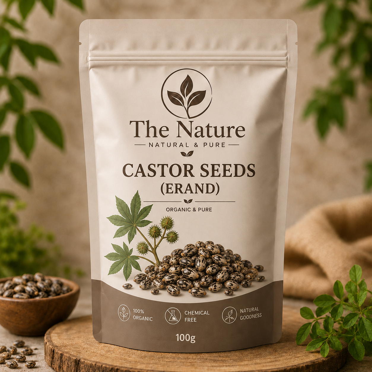 A 100g pouch pack of Castor Seeds