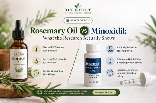 Graphic comparing rosemary oil and 5% minoxidil for hair growth, highlighting benefits, side effects, and research.