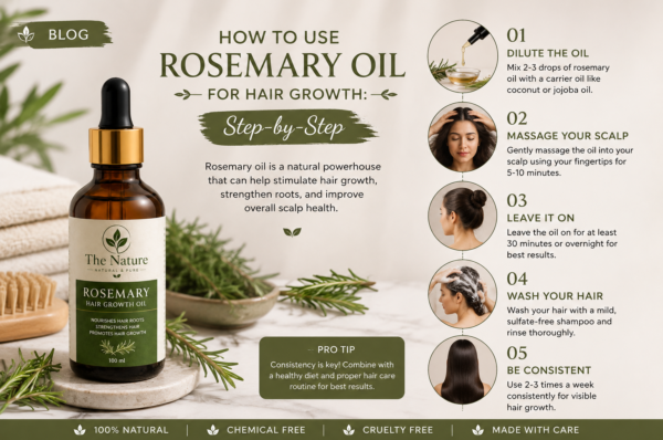 Step-by-step infographic showing how to use The Nature Rosemary Hair Growth Oil for healthier hair, with a 100ml amber bottle, five application steps, and natural hair care benefits.