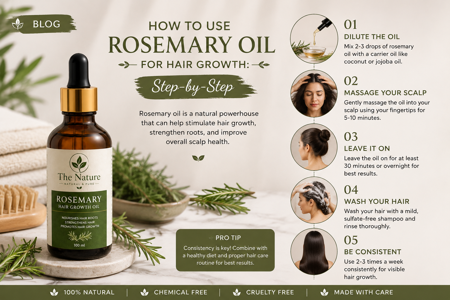 Step-by-step infographic showing how to use The Nature Rosemary Hair Growth Oil for healthier hair, with a 100ml amber bottle, five application steps, and natural hair care benefits.