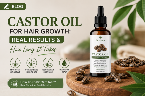 Blog banner featuring castor oil for hair growth with a castor oil bottle, castor seeds, and key hair care benefits.