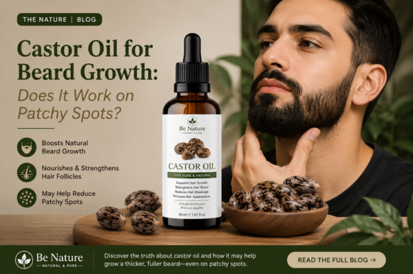 Blog banner featuring castor oil for beard growth with a castor oil bottle, castor seeds, and a man with a full beard.