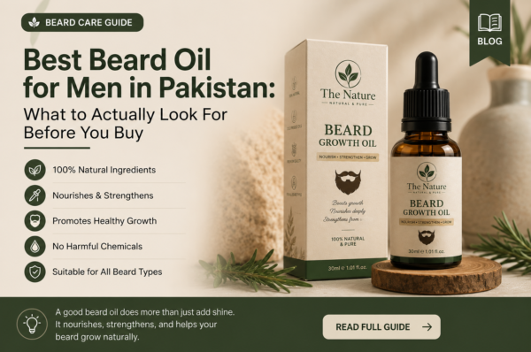 Blog banner featuring The Nature Beard Growth Oil with its packaging and a guide to choosing the best beard oil for men in Pakistan.