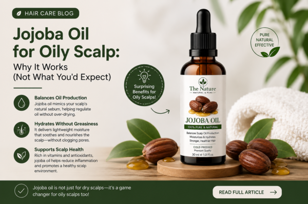Blog banner featuring The Nature Jojoba Oil with jojoba seeds and tips on using jojoba oil for an oily scalp.