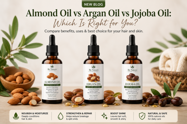 Blog banner comparing almond oil, argan oil, and jojoba oil for hair and skin, featuring three natural oil bottles.