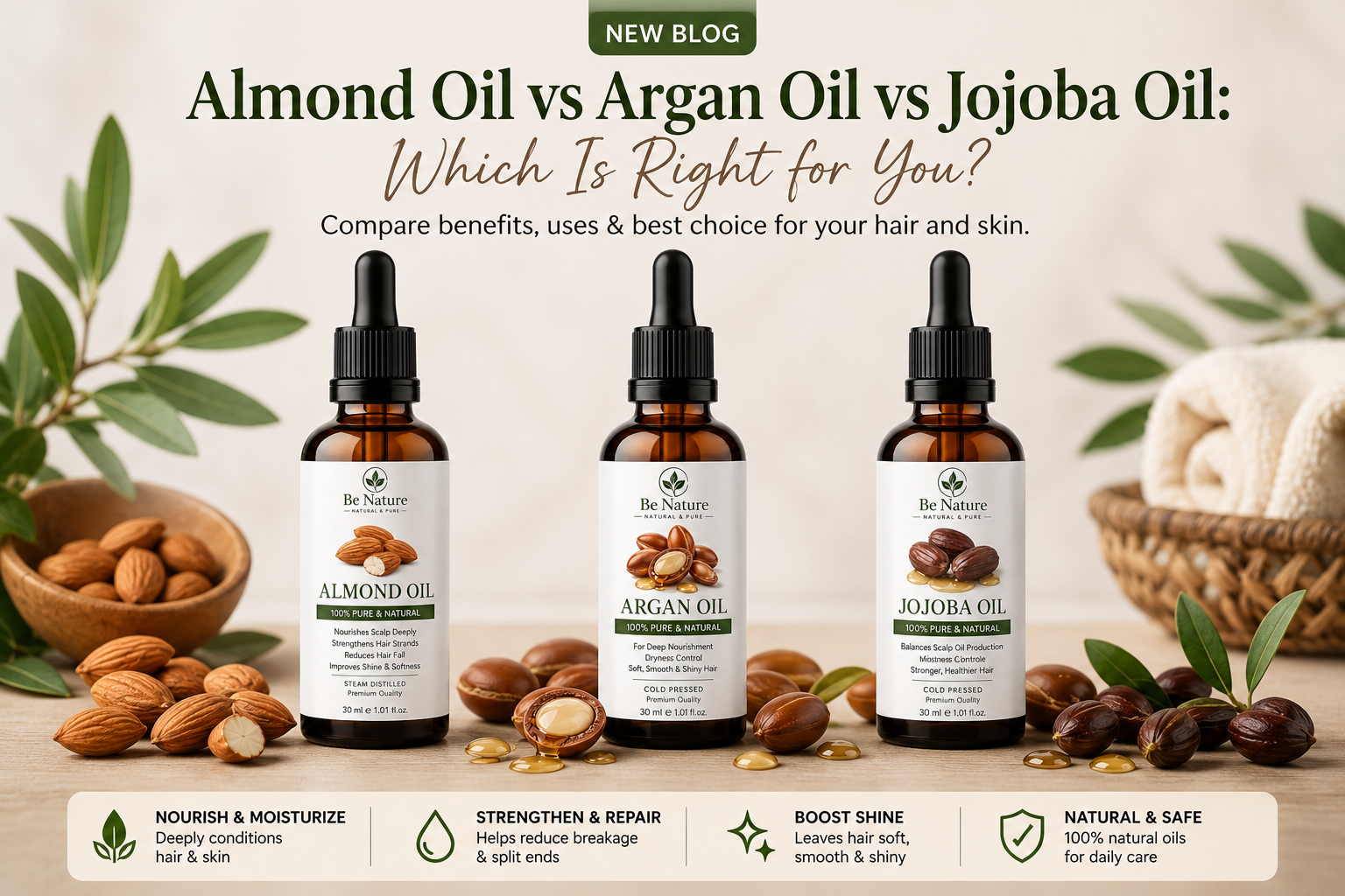 Blog banner comparing almond oil, argan oil, and jojoba oil for hair and skin, featuring three natural oil bottles.