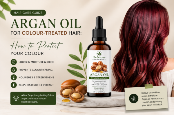 Blog banner featuring Be Nature Argan Oil with argan nuts and tips for protecting colour-treated hair.