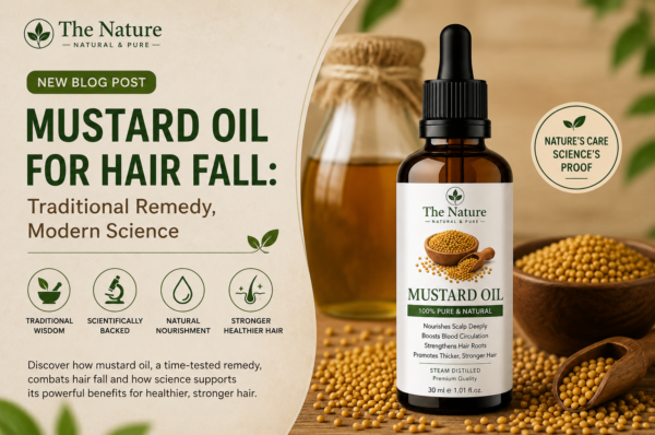 Blog banner featuring The Nature Mustard Oil with mustard seeds and information on mustard oil for reducing hair fall.