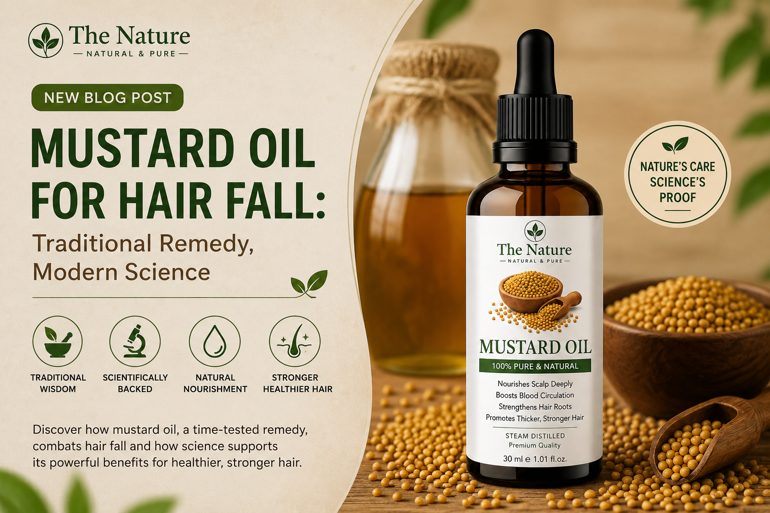 Blog banner featuring The Nature Mustard Oil with mustard seeds and information on mustard oil for reducing hair fall.