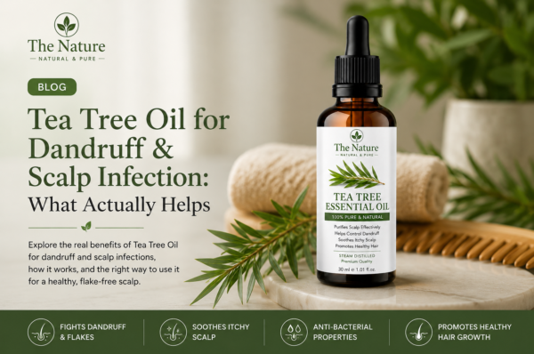 Blog banner featuring The Nature Tea Tree Essential Oil with tea tree leaves and tips for dandruff and scalp care.