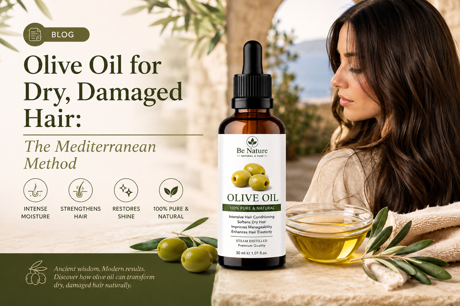 Blog banner featuring Be Nature Olive Oil with olives and tips for nourishing dry, damaged hair naturally.