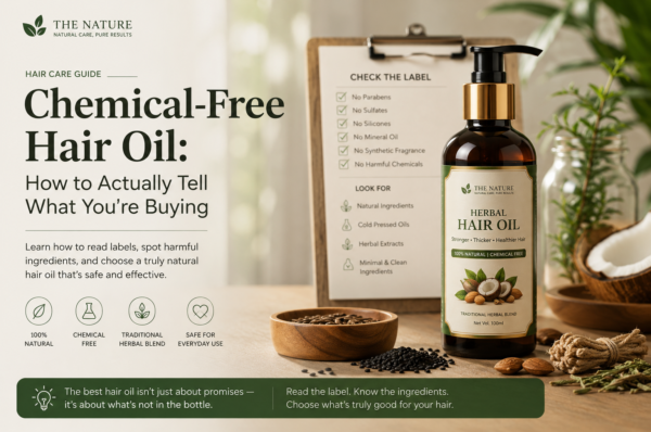 Blog banner featuring The Nature Herbal Hair Oil and a guide to choosing a chemical-free hair oil.