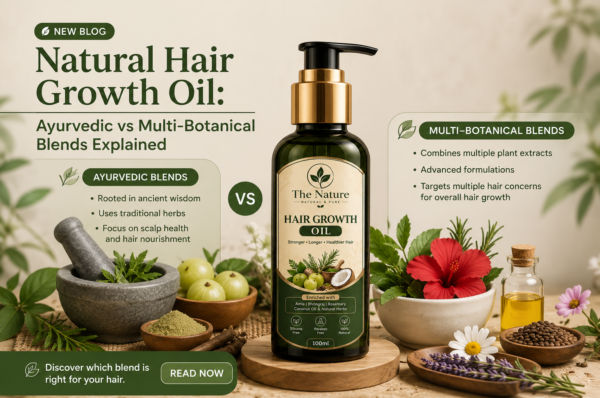 "Blog banner comparing Ayurvedic and multi-botanical hair growth oil blends with a natural hair oil bottle and herbal ingredients."
