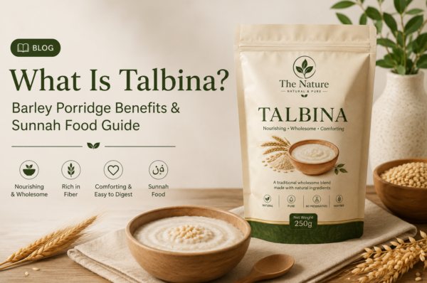 "Blog banner featuring Talbina barley porridge with a product pouch, bowl of porridge, and wheat grains."