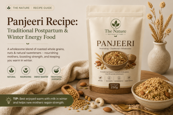 "Blog banner featuring Panjeeri recipe with a Panjeeri pouch, bowl of traditional mix, and wholesome grains and nuts."