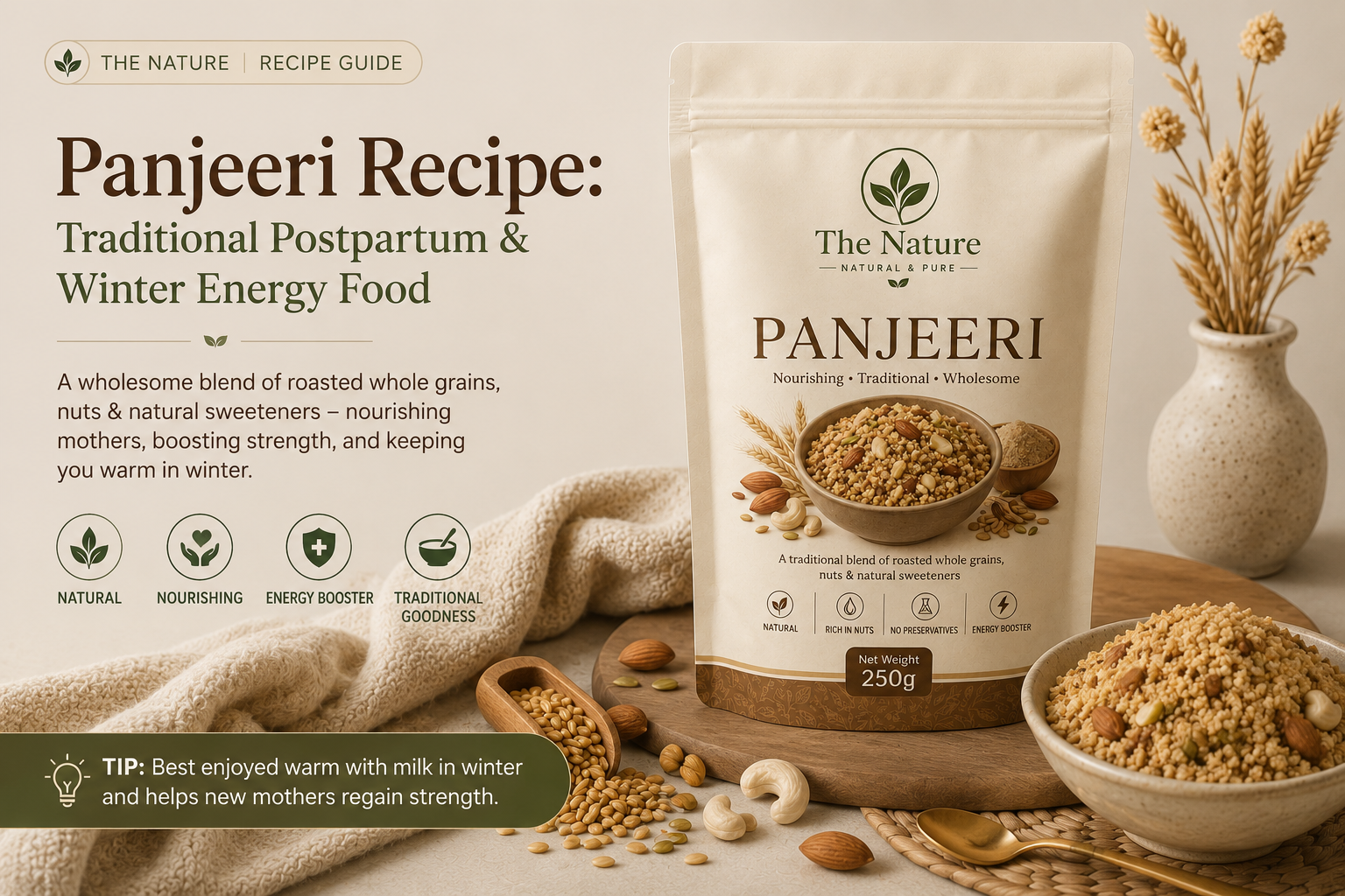 "Blog banner featuring Panjeeri recipe with a Panjeeri pouch, bowl of traditional mix, and wholesome grains and nuts."