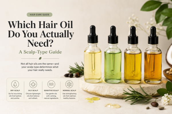 Blog banner showing different hair oils with a guide to choosing the right oil for your scalp type.
