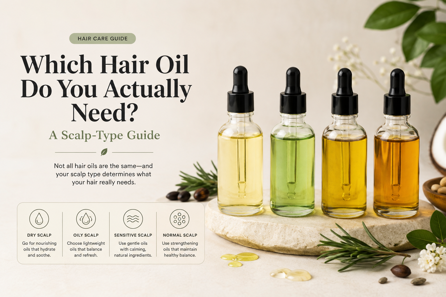 Blog banner showing different hair oils with a guide to choosing the right oil for your scalp type.